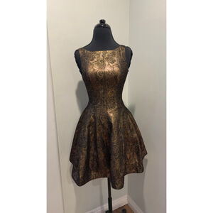 Women's HALSTON Black Gold Brocade Mini Dress Size 0 $545